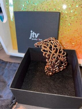 JTV Rose Gold Dipped Filigree Floral Leaf Open Cuff Bracelet